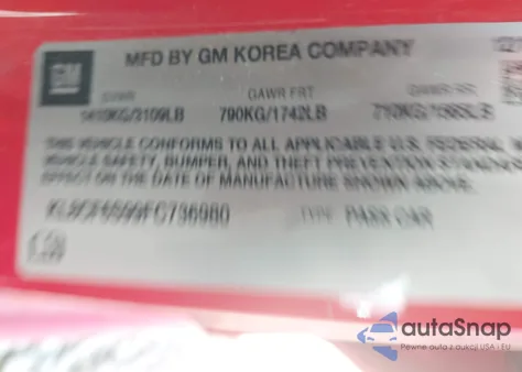 2015 Chevrolet Spark 2Lt Cvt z USA, uszkodzony, nr VIN KL8CF6S99FC736980